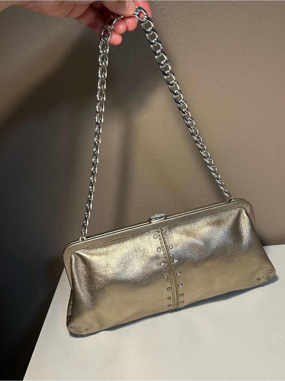 Michael Kors Y2K Gold Metallic Clutch Shoulder Bag Chain Strap Studded